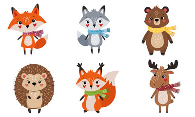 Naklejka premium A set of cute forest animals wearing scarves: a fox, a moose, a wolf, a hedgehog, a bear, and a squirrel. Cute vector illustrations with autumn themes. Vector illustration