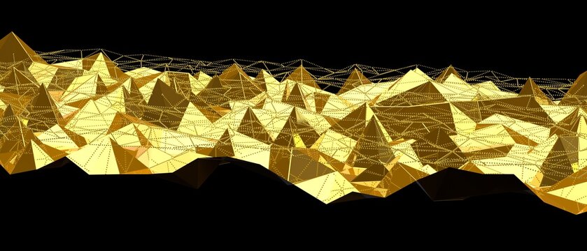 Abstract golden geometric mountain range with connected lines and points