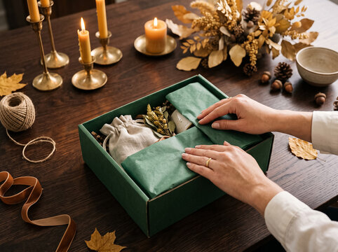 female hands neatly wrapping gift with green craft paper in box on wooden table illuminated by burning candles dry autumn leaves and seasonal decor cozy present packaging
