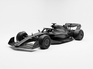 Fototapeta premium a black race car model captured from side front profile view on an isolated white background in studio lighting showing body shape sidepods rear wing and wide racing slicks for display