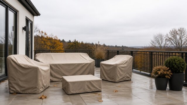 Covered Patio Furniture on Balcony Terrace for Winter Preparation