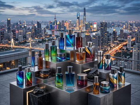 luxurious perfume bottles and grooming jars on metal pedestals set against a night city skyline with glowing lights
