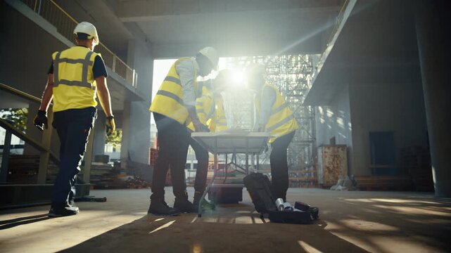 Diverse Team of Three Construction Specialists Leaning Over a Table, Using a Digital Tablet Computer and Reviewing Project Documents Inside a Real Estate Development. Low Angle Cinematic Slow Motion