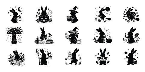 Fototapeta premium Set of fifteen black silhouette illustrations featuring cute rabbits in various poses and festive seasonal decorative elements