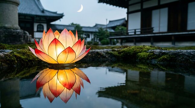 Glowing lotus lantern floating in garden pond at night