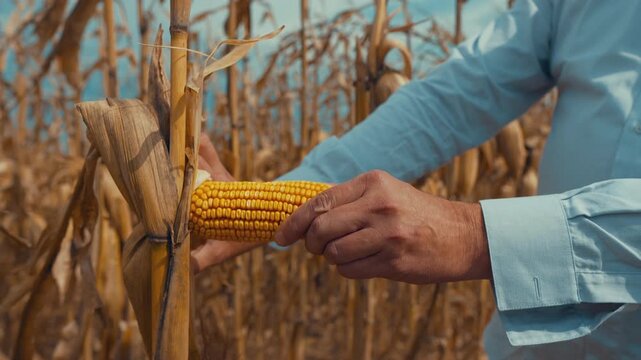 Farmer hands peeling back the husk of a ripe golden corn cob to inspect kernel quality in a dry field at harvest time