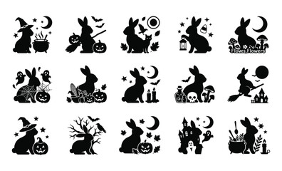 Obraz premium Set of cute black silhouette rabbits with halloween elements like pumpkins bats moons and magical witch hats icons