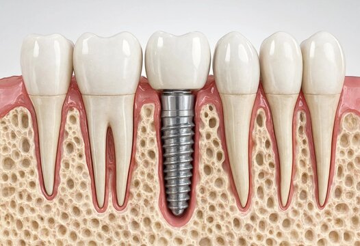 Detailed dental implant illustration showing a titanium screw embedded in the jawbone, surrounded by natural teeth and gum tissue, highlighting oral anatomy and restoration.
