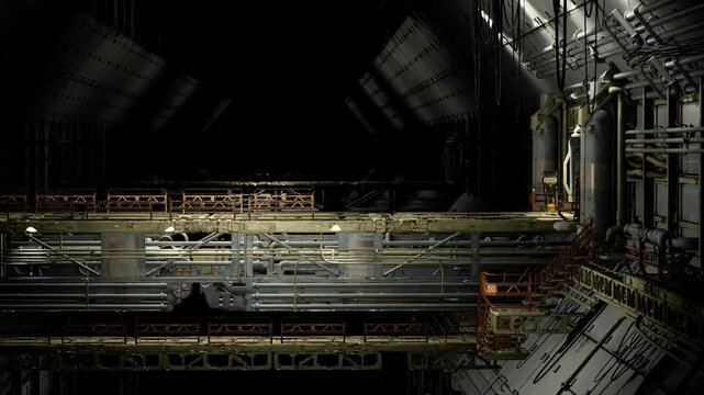 Compact piping environment. Constrained underwater passage with equipment. Confined aquatic vessel corridor densely packed with pipes and doors