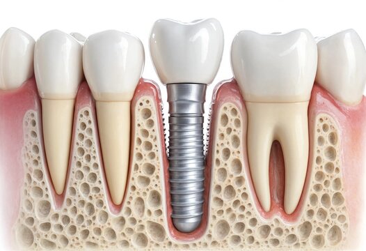 Detailed dental implant illustration showing a titanium screw embedded in the jawbone, surrounded by natural teeth and gum tissue, highlighting oral anatomy and restoration.
