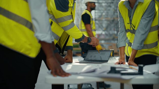 Real Estate Building Construction Site Team Meeting: Contractor, Foreman and Property Developer Stand at Table, Point at Blueprints and Discuss Housing Project Using Laptop. Focus on Hands Slow Motion