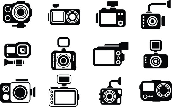 Action camera icon set featuring modern dashcam compact video recording device vector black silhouettes isolated on white background