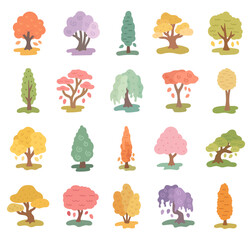 Obraz premium Autumn tree set featuring foliage leaves trunks branches canopies woodland garden forest orchard landscape spirals layers tiers cascades columns shapes