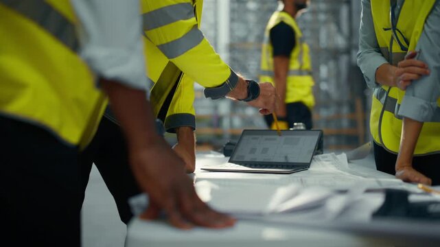 Real Estate Building Construction Site Team Meeting: Contractor, Foreman and Property Developer Stand at Table, Point at Blueprints and Discuss Housing Project Using Laptop. Focus on Hands Slow Motion