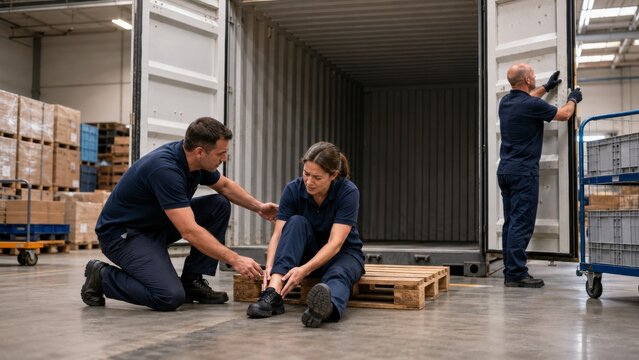 Warehouse Worker with Ankle Injury Receiving Coworker Assistance Near Shipping Container