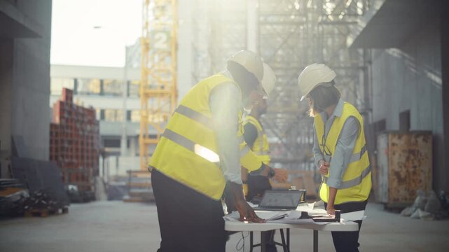 Real Estate Building Construction Site: Diverse Team Meeting of Project Manager, Surveyor and Investor Lean Over Table, Review Paperwork, Check Measurements Using Laptop. Cinematic Slow Motion Shot