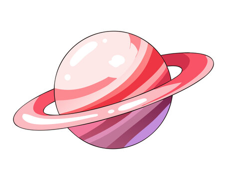 Stylized pink and purple gas giant planet with orbiting ring system. Cute space object design for astronomy and cosmic themes