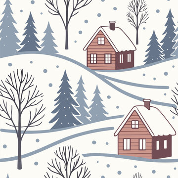 Seamless pattern featuring cute wooden houses nestled among snow-covered pine trees and bare trees on rolling hills in a peaceful winter landscape