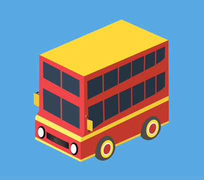Iconic red double  bus representing public transport, tourism, and travel in a cheerful isometric cartoon illustration