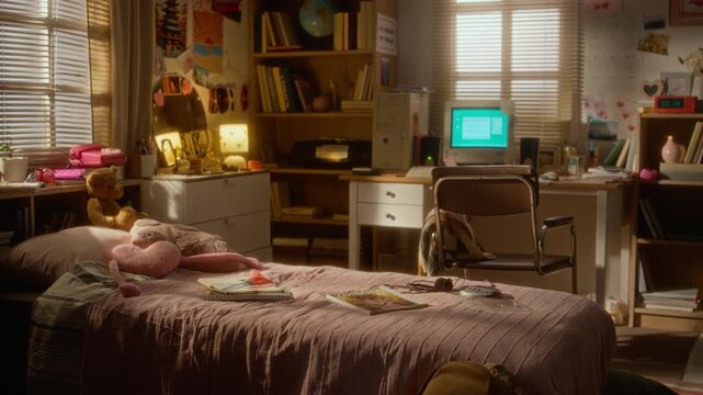 Camera panning across empty retro teenager bedroom featuring desk with vintage computer, unmade bed, and bookshelves. Perfect for nostalgic coming-of-age films or retro tech commercials