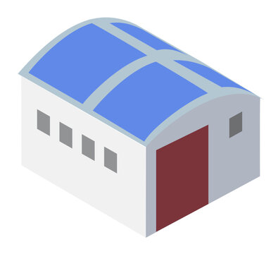Modern warehouse building icon on white background. Representing industrial logistics, distribution, and commercial storage concepts
