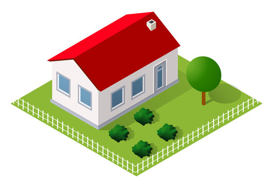 Isometric illustration featuring a residential house with a red roof, green lawn, two cultivated garden plots, and a white fence