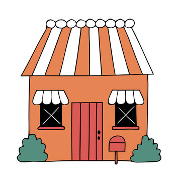 House style building with striped awning roof and window awnings. Drawing representing a charming small business or home