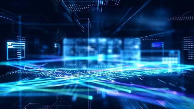 Holographic grid with floating translucent panels and digital nodes pulses and flows in a dark virtual space. Digital animation combines glowing light with smooth movement and visual depth.