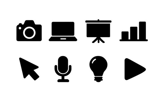 Tech Icon Set. Tech Presentation Recording. Filled icon set of Tech Presentation Recording: camera, laptop,