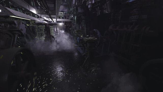Dim service tunnel shrouded in steam and moisture, valve wheels and bolted flanges line slippery floor, inspection lamp beam cutting through mist as drone