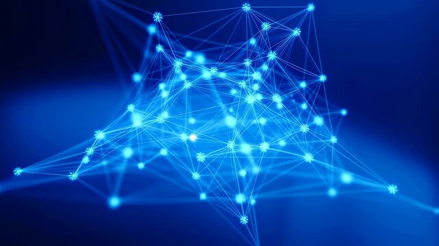 Blue glowing nodes and connecting lines form a shifting digital network mesh on a dark blue gradient background. Animated texture shows points of light and lines with flowing movement.