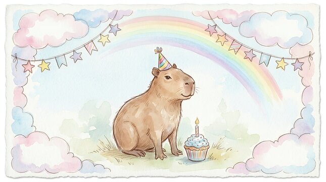 Semi Aquatic Rodent with Birthday Confectionery in the Sky Aquarelle Border A giant water cavy paired with celebratory items a hand painted sketch. An edge composed of pastel puff formations