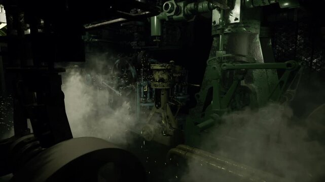 Green glow factory interior with dense mist and oversized flywheels moody industrial scene suggests aging chemical or milling operations, layered pipes