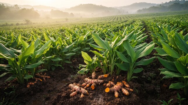 Fresh turmeric roots harvested from rich soil in a lush agricultural field during a misty morning sunrise