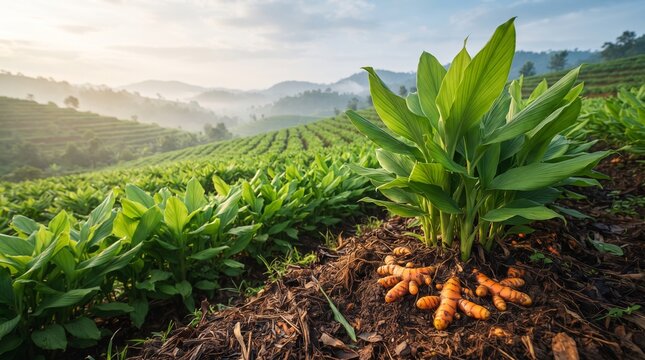 Fresh Organic Turmeric Roots Harvested from Fertile Soil in a Lush Tropical Mountain Farm Plantation at Sunrise