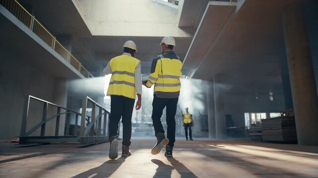 Real Estate Building Construction Site: Two Specialists Walk Through Future Office interior, Discussing Development Progress and Using Digital Tablet Computer. Cinematic Low Angle Back View Shot