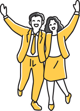肩を合わせて笑顔になる男女会社員