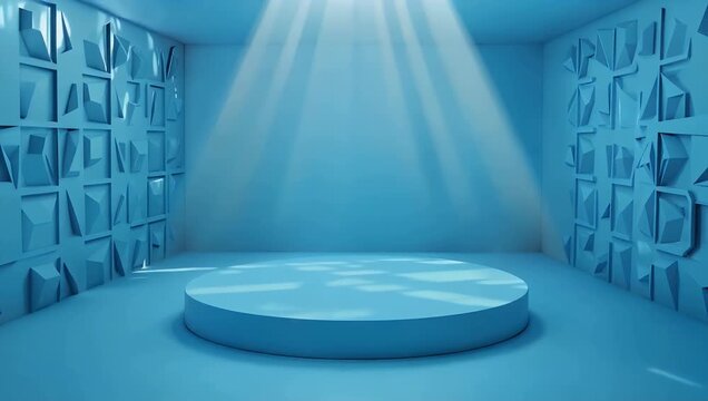 Modern 4K Ultra HD 3D animated showcase featuring a simple sky-blue cylindrical podium with smooth revolving shadow loops set against a textured wall background designed for retail