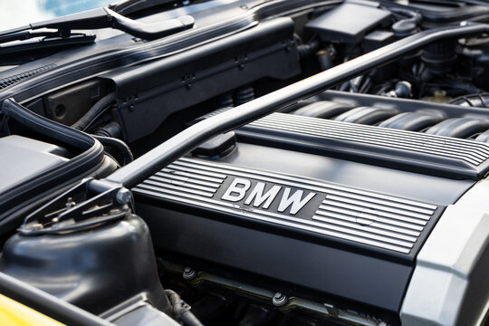 Close-up view of a BMW car engine and engine compartment in Kaliningrad, Russia. August 23, 2026
