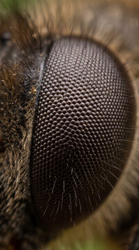 Ultra Macro of Insect Compound Eye Showing Hexagonal Ommatidia Lenses and Bristles