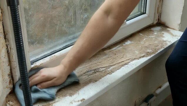 Realistic 4K cleaning video showing a microfiber cloth wiping away thick dust and sand from a dirty window sill highlighting home sanitation deep cleaning routines and household maintenance