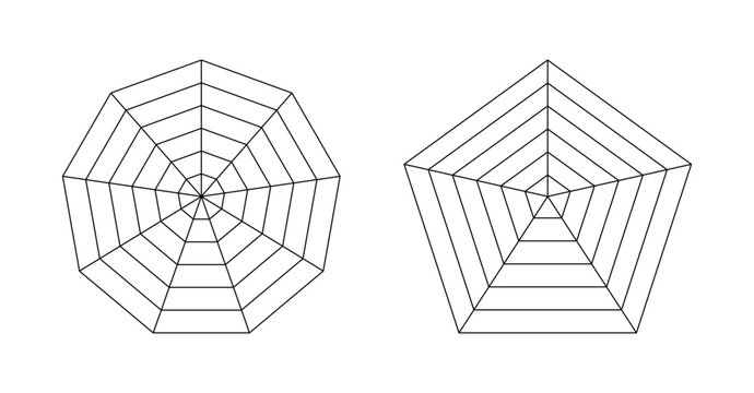 Hexagon and nonagon polygon grid templates. Concentric geometric diagrams for data visualization and infographic design