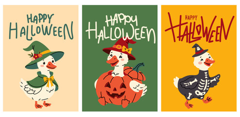 Fototapeta premium Cute Halloween Duck Illustration with Witch Hat Pumpkin and Skeleton Costume