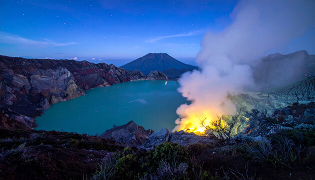 Volcanic crater lake at dusk