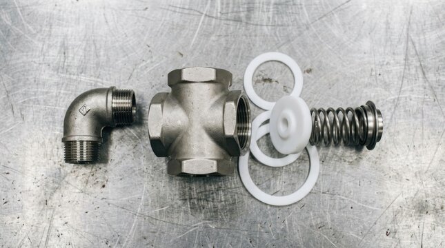PTFE check valve with stainless body, fluoropolymer disc, spring assembly, pipe elbow, and gasket rings on an industrial bench
