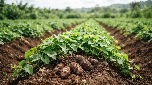Freshly harvested root vegetables, like yams or taro, rest on fertile soil in a lush green agricultural field, symbolizing the bounty of sustainable farming and natural food production