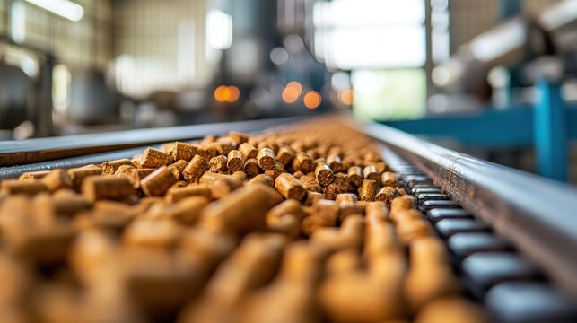 Wood pellets on conveyor belt in industrial facility
