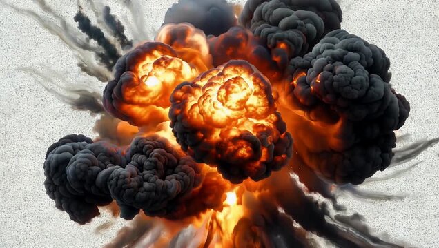 High-impact 4K stock video featuring a massive realistic fire explosion with thick black smoke plumes captured entirely within frame from a side view perfect for action movies visual effects and