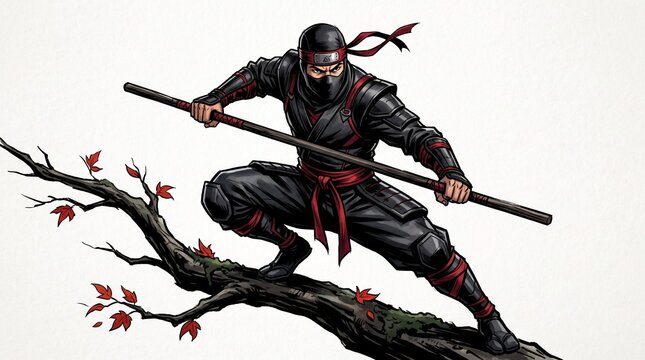 Ninja crouched on autumn branch, staff poised, red leaves drifting in moonlit forest, stealth and balance captured in atmospheric scene.