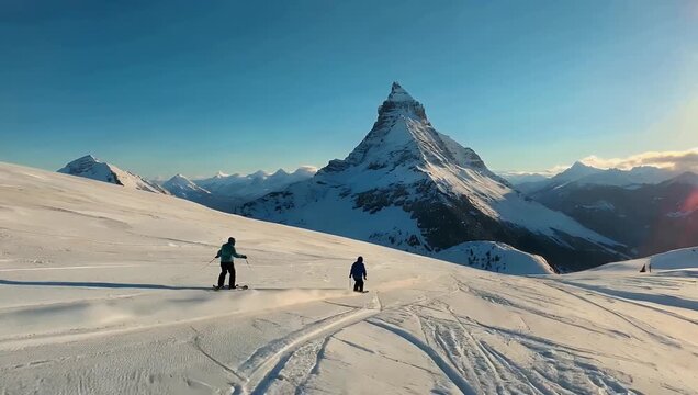 Cinematic 4K video on the Klein Matterhorn ski slope in Zermatt Switzerland capturing sparkling snow crystals as skiers glide across sunlit alpine terrain for winter sports marketing mountain